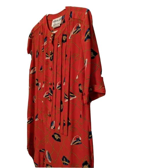 Adolfo Red Nautical Dress Gold Buttons Size L-XL Pleated Vintage Design - Picture 4 of 9